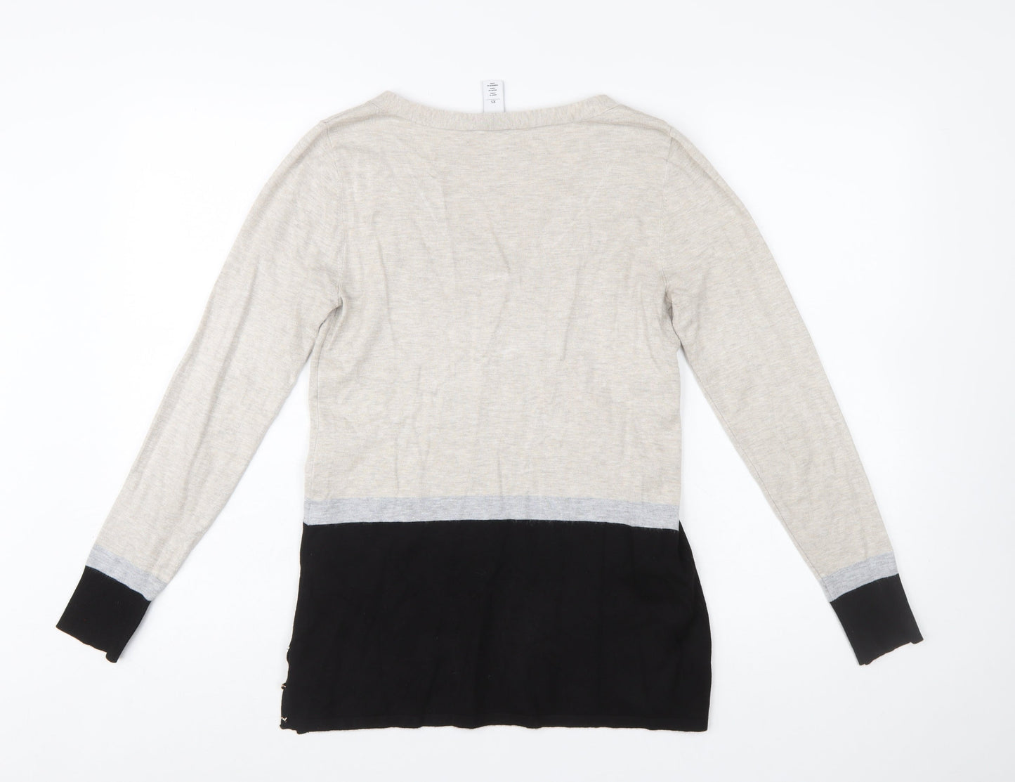 White House Black Market Womens Beige Black XS V-Neck Long Sleeve Pullover Jumper