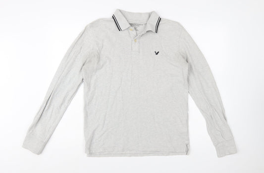 American Eagle Men's Grey Slim Fit Long Sleeve Polo Shirt M
