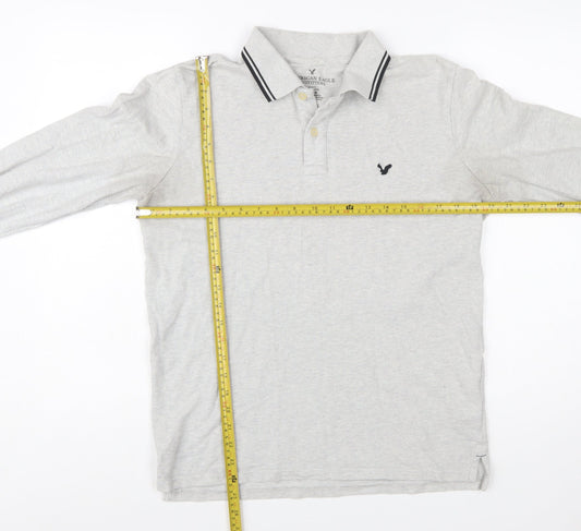 American Eagle Men's Grey Slim Fit Long Sleeve Polo Shirt M