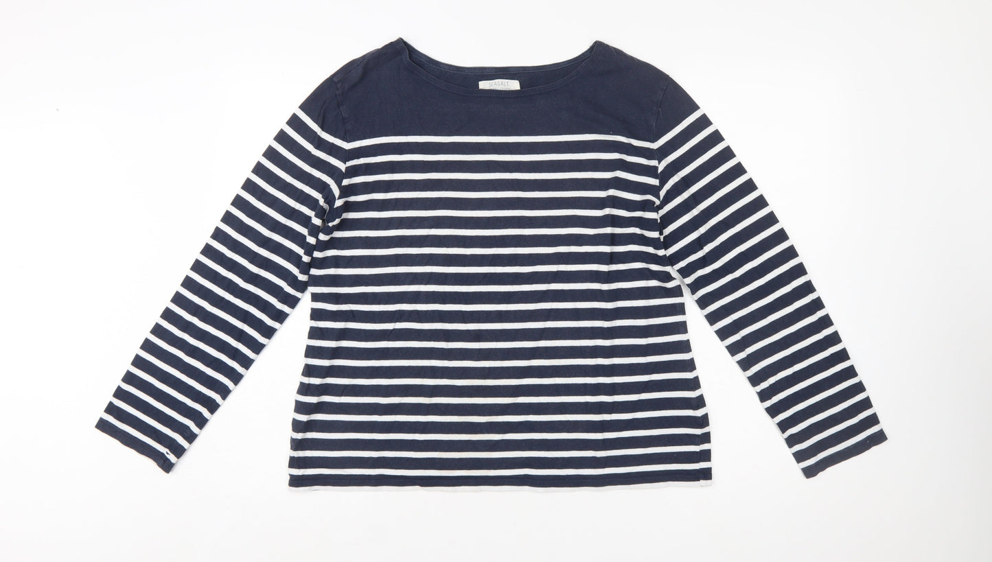Seasalt Women Blue Striped Boat Neck Organic Cotton Long Sleeve T-Shirt Size 16