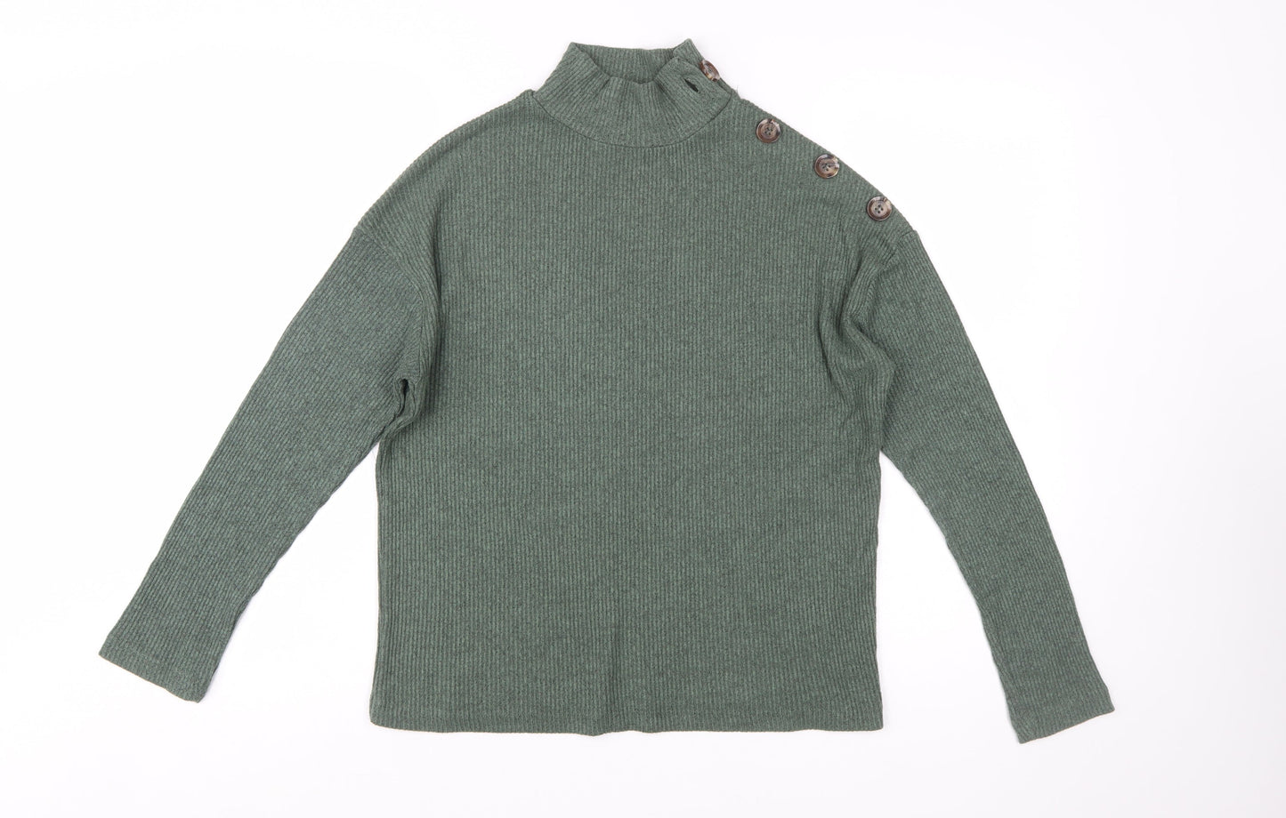Stradivarius Women’s Green Mock Neck Button Ribbed Knit Jumper Size 8