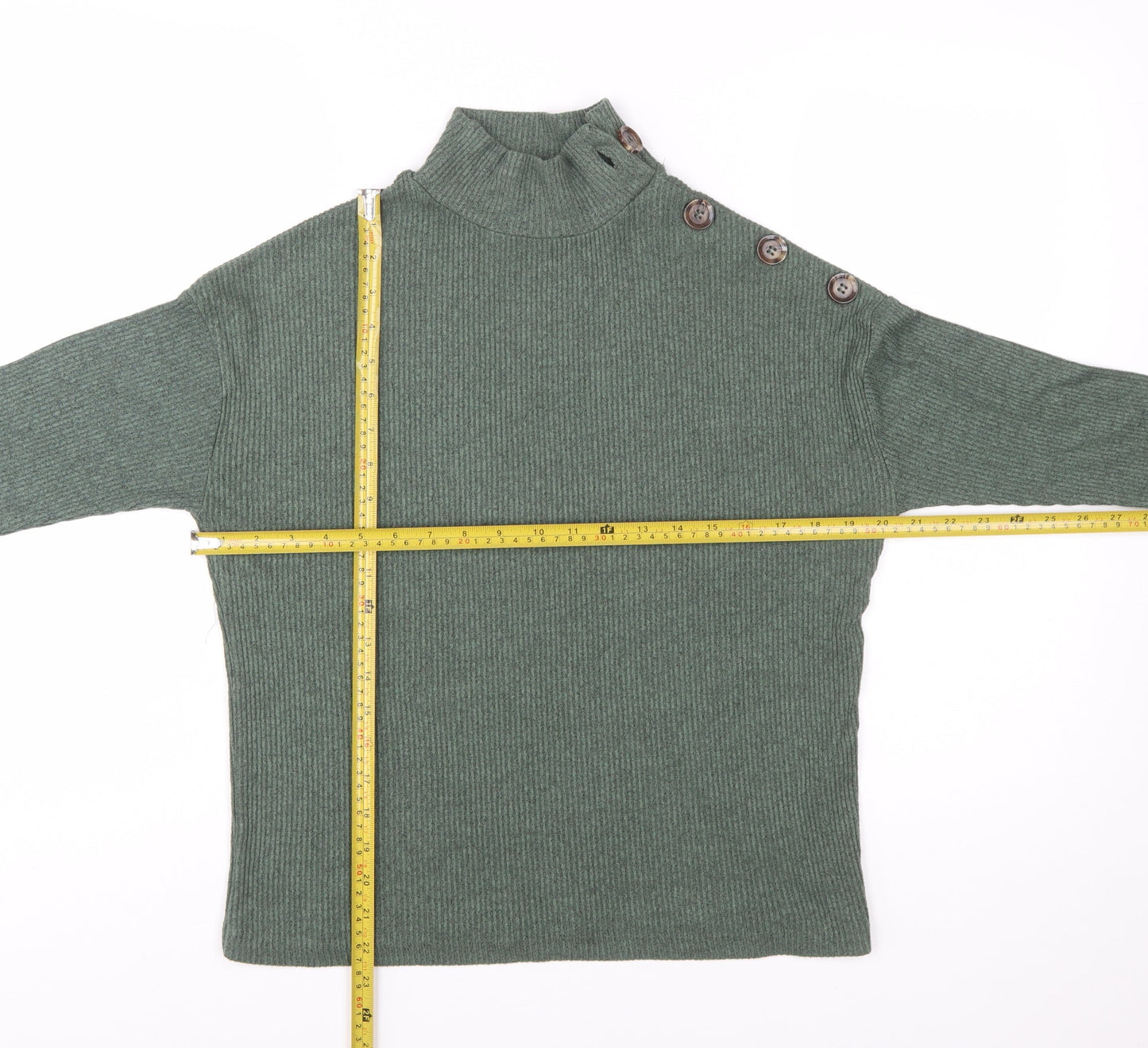 Stradivarius Women’s Green Mock Neck Button Ribbed Knit Jumper Size 8