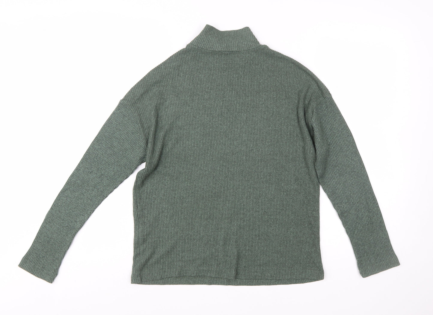 Stradivarius Women’s Green Mock Neck Button Ribbed Knit Jumper Size 8