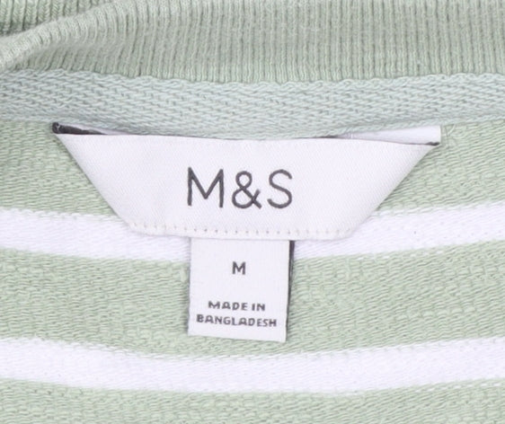 Marks and Spencer Women's Green Striped Cotton Pullover Jumper M