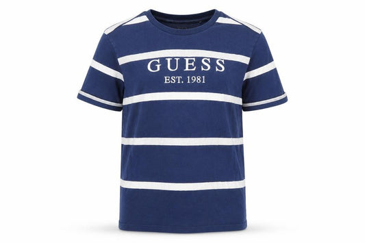 Guess Men's Blue White Striped Cotton Logo T-Shirt Size S Regular Fit