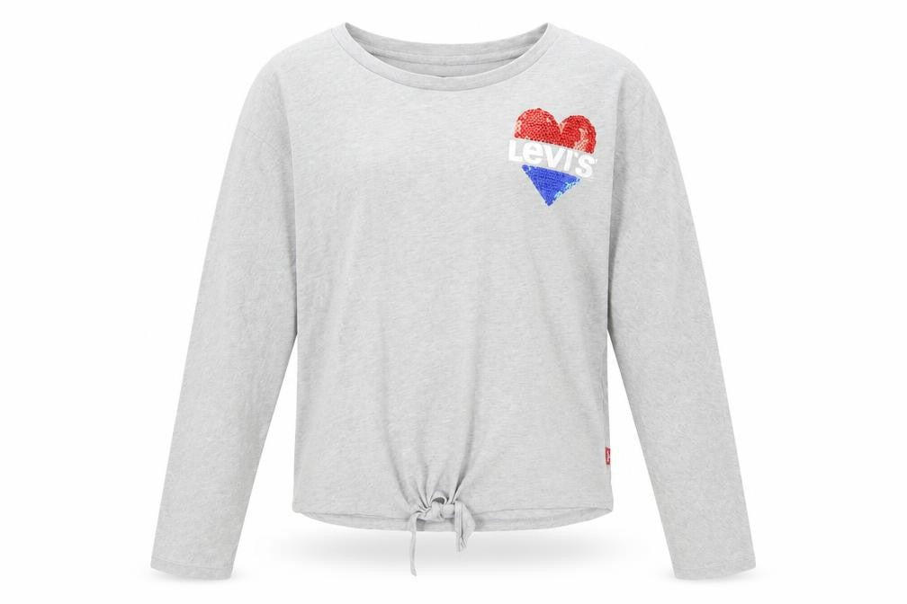 Front view of Levi's girls’ grey sequin heart long sleeve tie hem t-shirt 12 years