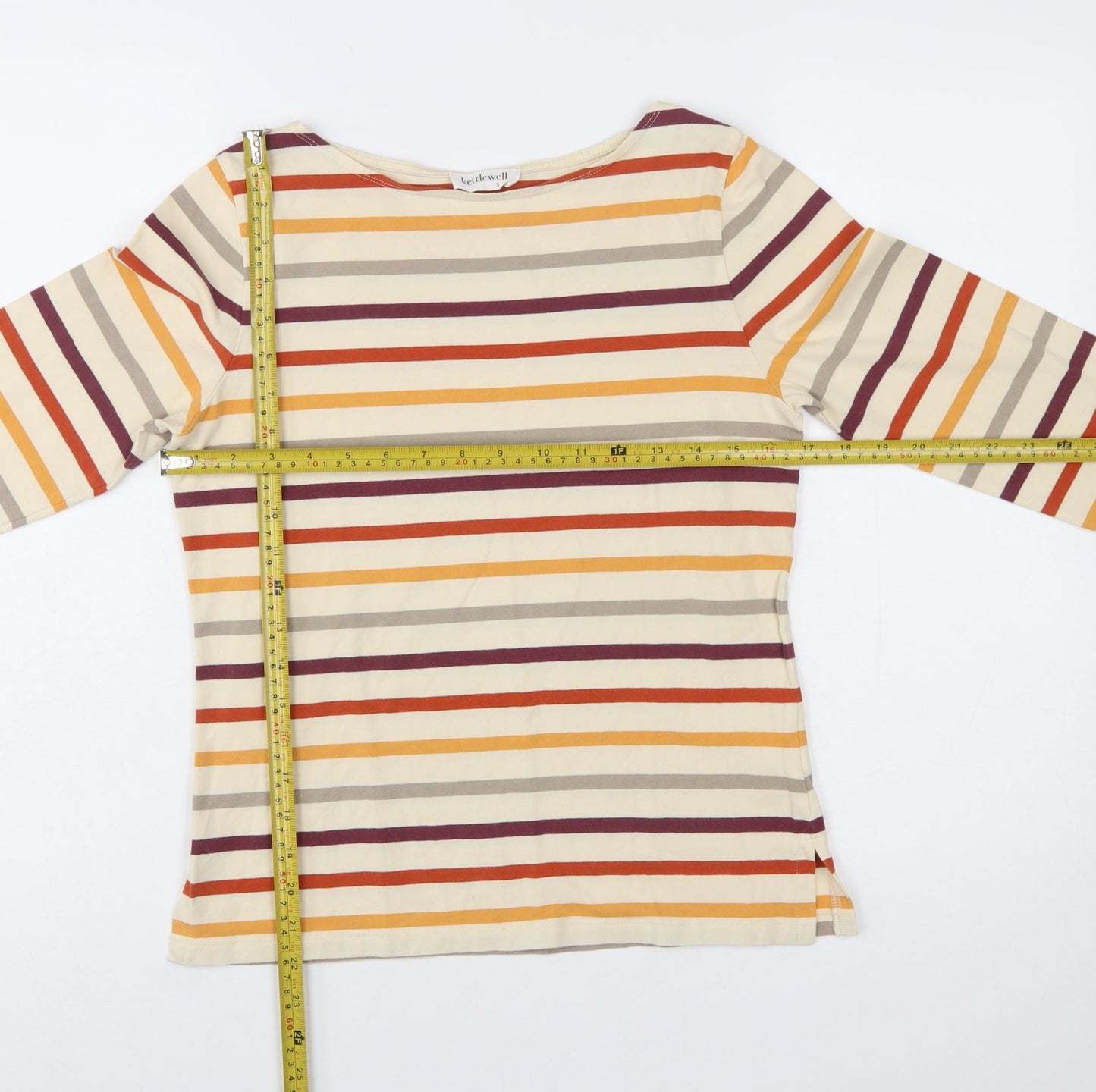 Kettlewell Women's Multicoloured Striped Boat Neck 3/4 Sleeve Cotton T-Shirt Size S
