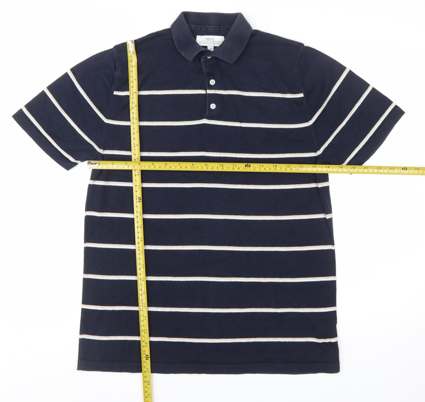 Next Men's Navy Blue Striped Polo Shirt Medium Cotton Blend