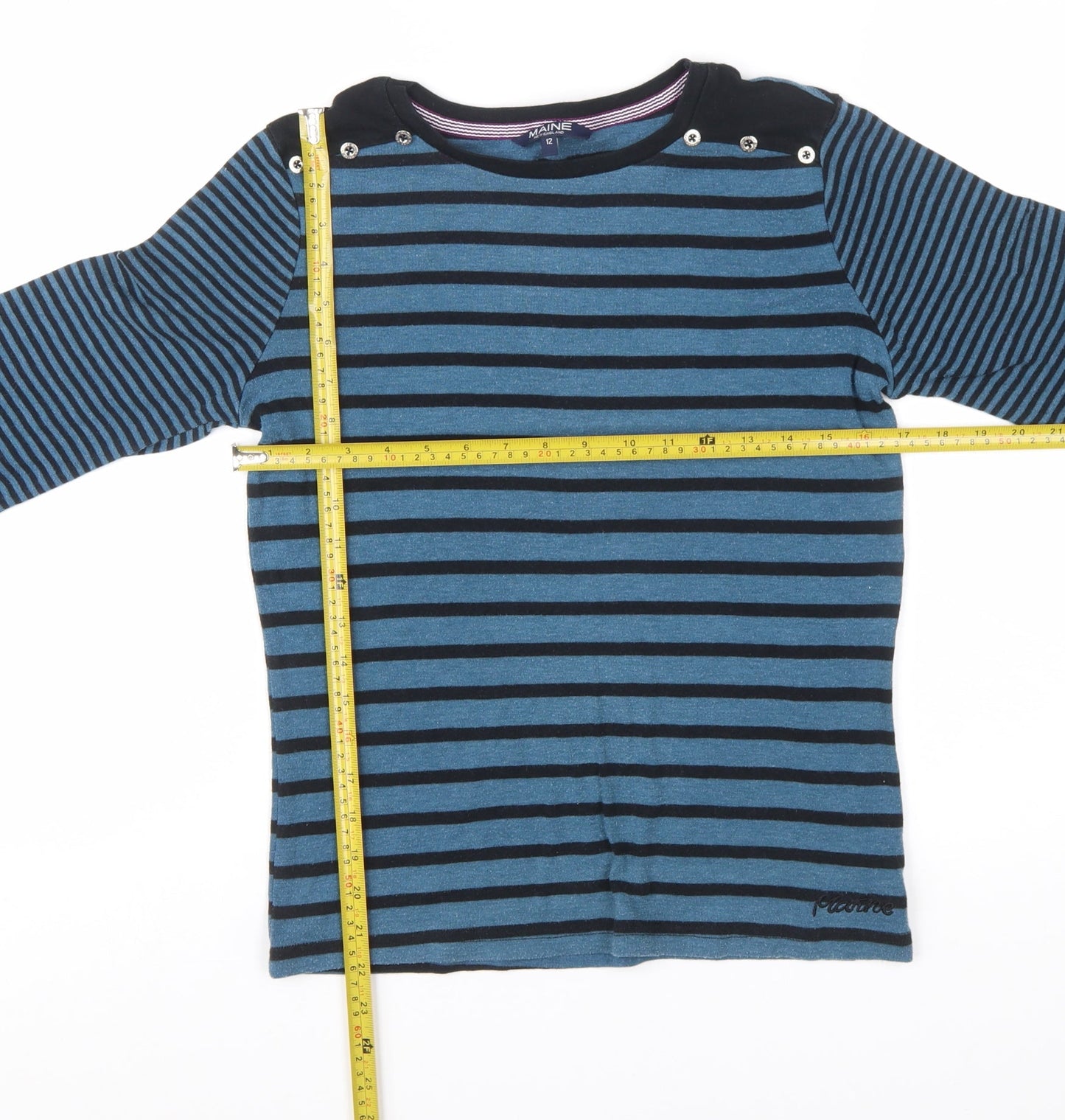 Maine New England Women's Blue Striped Long Sleeve Boat Neck Cotton Top Size 12
