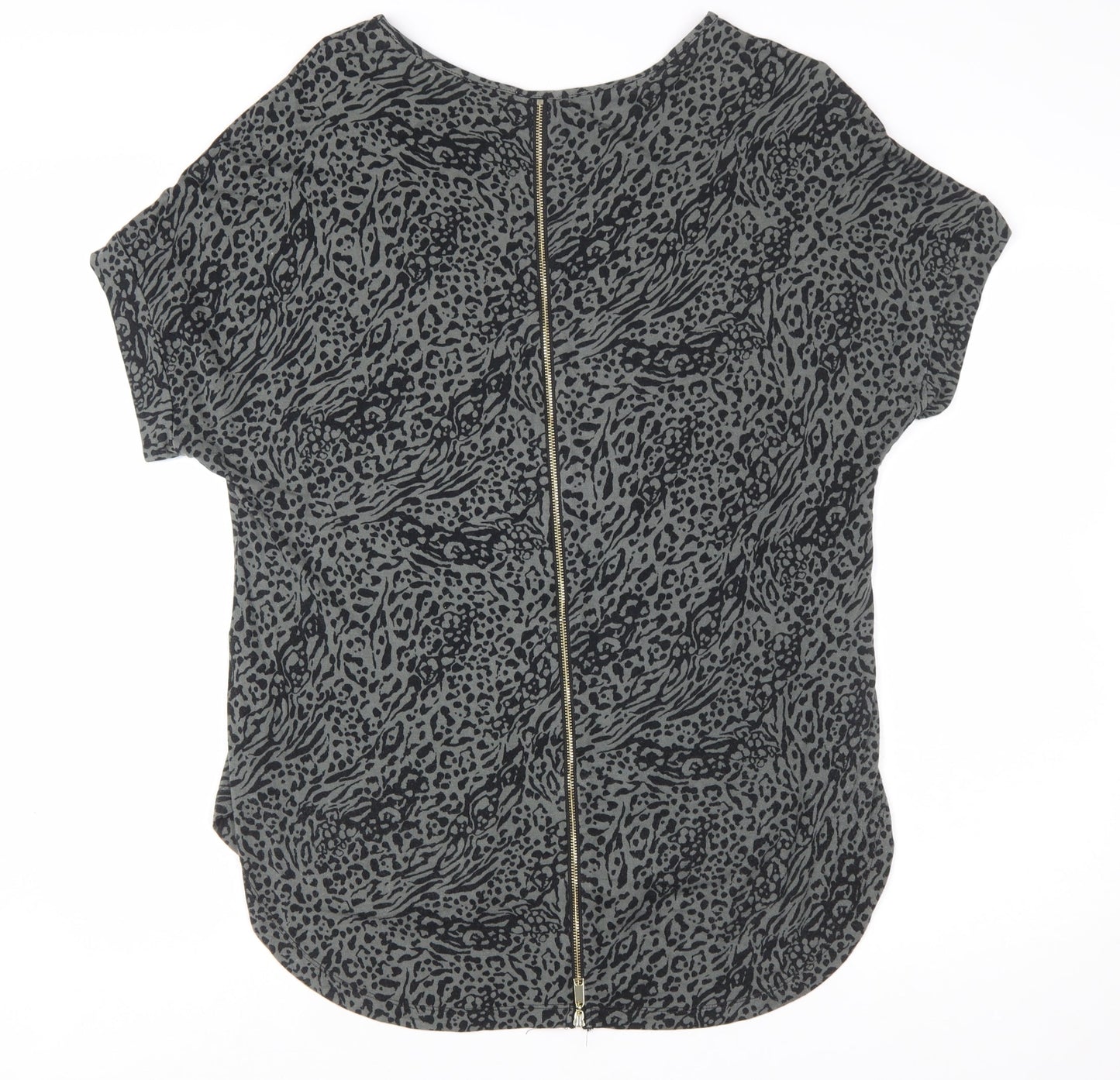 Apricot Women's Grey Animal Print Short Sleeve Zip Back Top Size 14