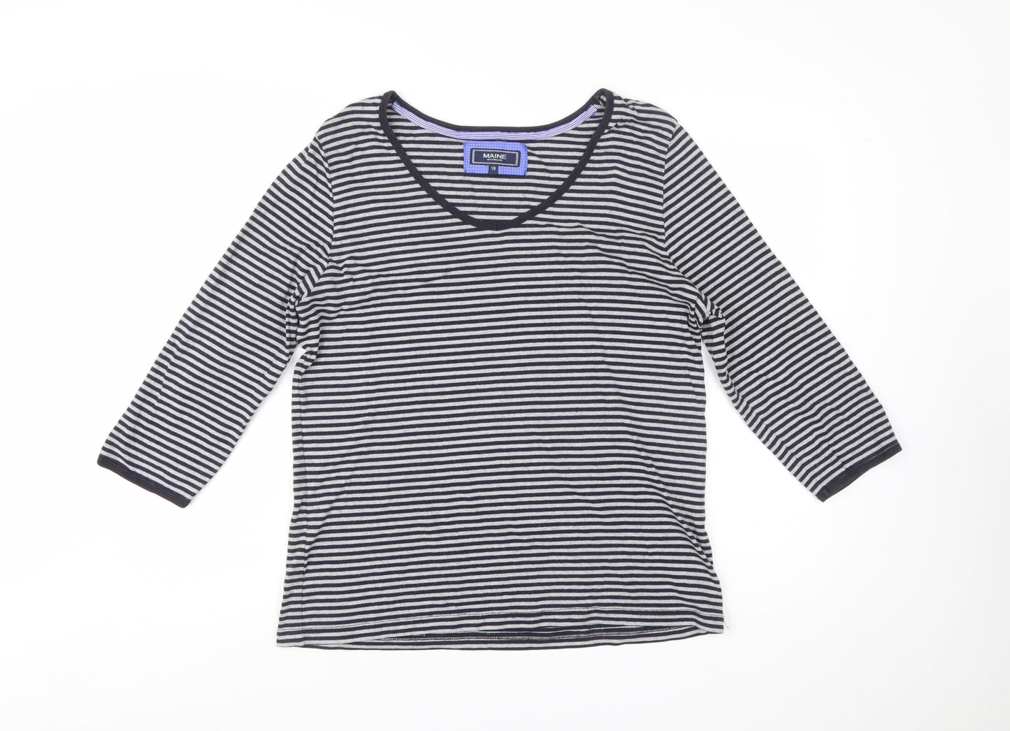 Maine New England Women's Blue Striped Cotton 3/4 Sleeve V-Neck Top Size 18