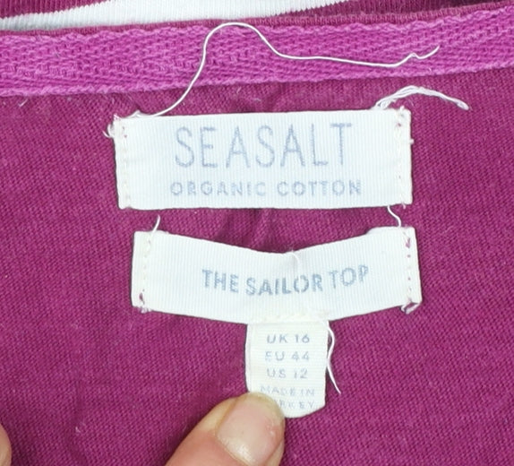 Seasalt Womens Purple Striped Organic Cotton 3/4 Sleeve Sailor Top Size 16