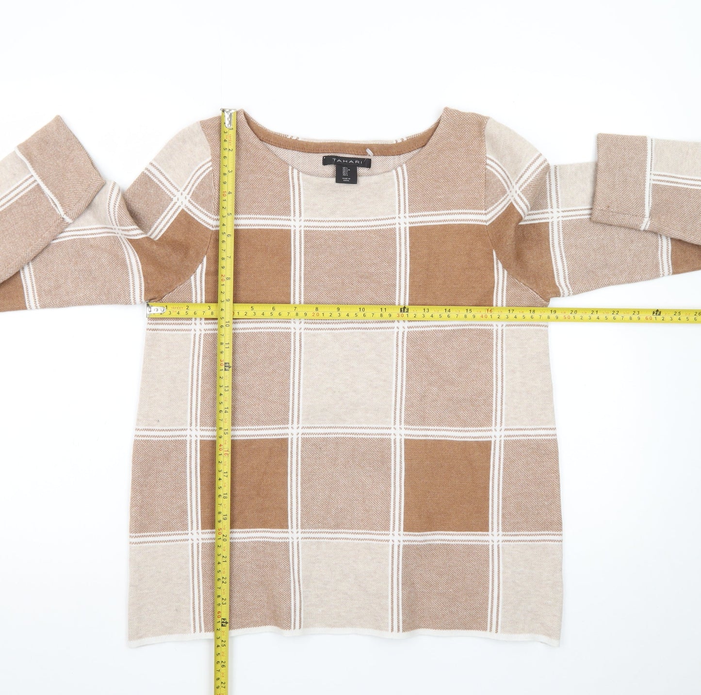 Tahari Women Beige Check Knit Pullover Jumper UK L