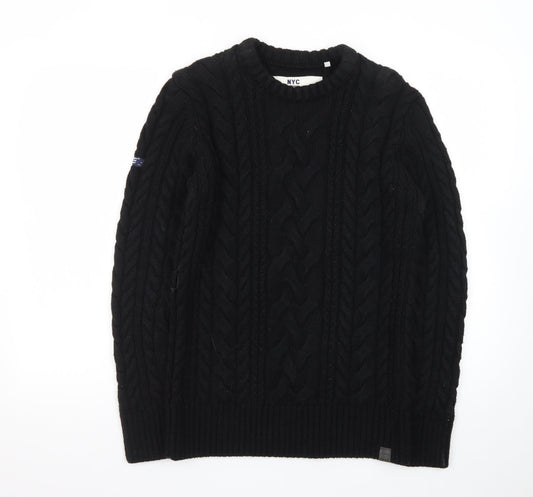 Superdry Men Black Cable-Knit Crew Neck Pullover Jumper M