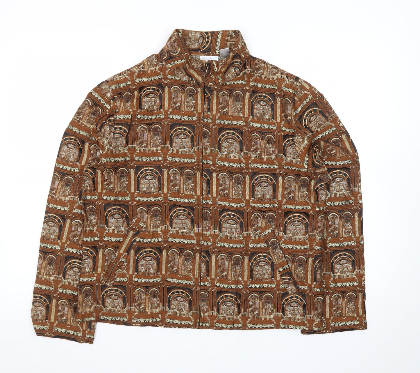 Chico’s Women Brown Architectural Print Silk Blend Suit Jacket Size M