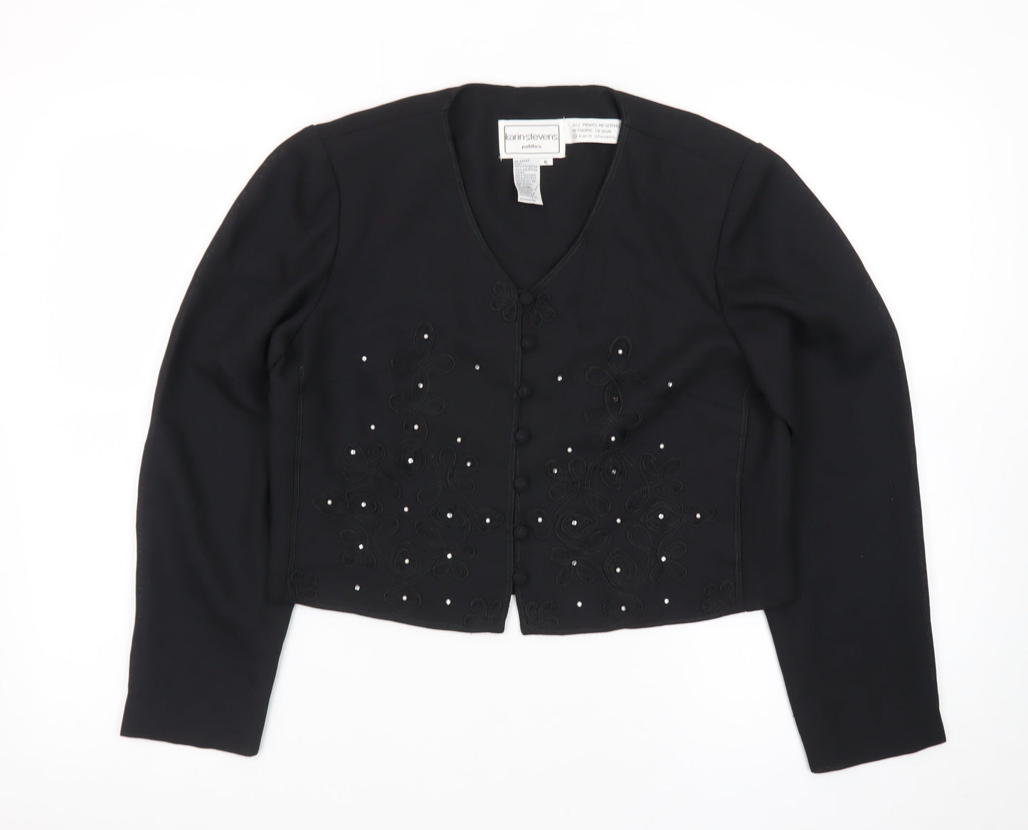 Karin Stevens Women Black Size 10 Petite Embroidered Cardigan