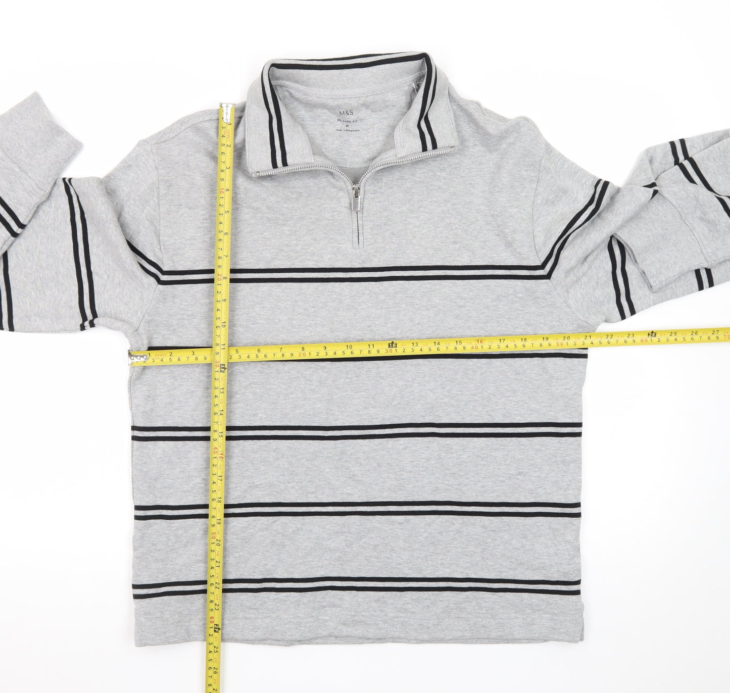 Marks and Spencer Men's Grey Striped 1/4 Zip Cotton Sweatshirt M