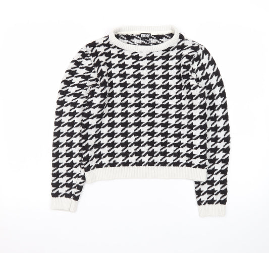 DKNY Women Black & White Houndstooth Crew Neck Jumper Size 12