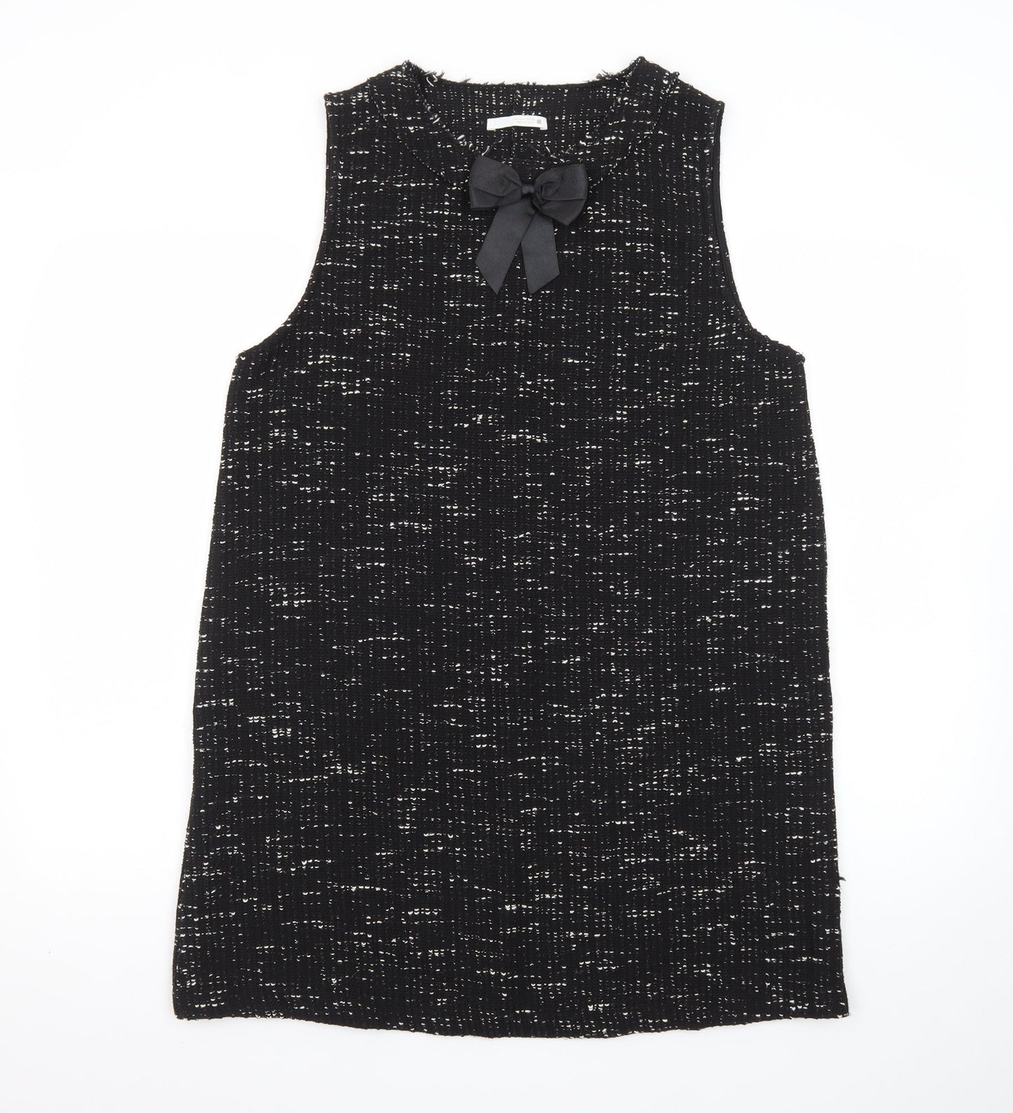 Zara Women Black Tweed Sleeveless Shift Dress L Classic Bow Detail