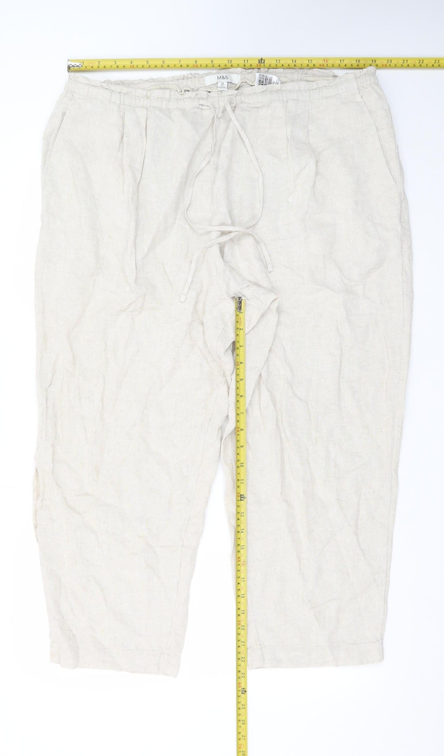 Marks and Spencer Women Beige Linen Cropped Trousers Size 20 Short