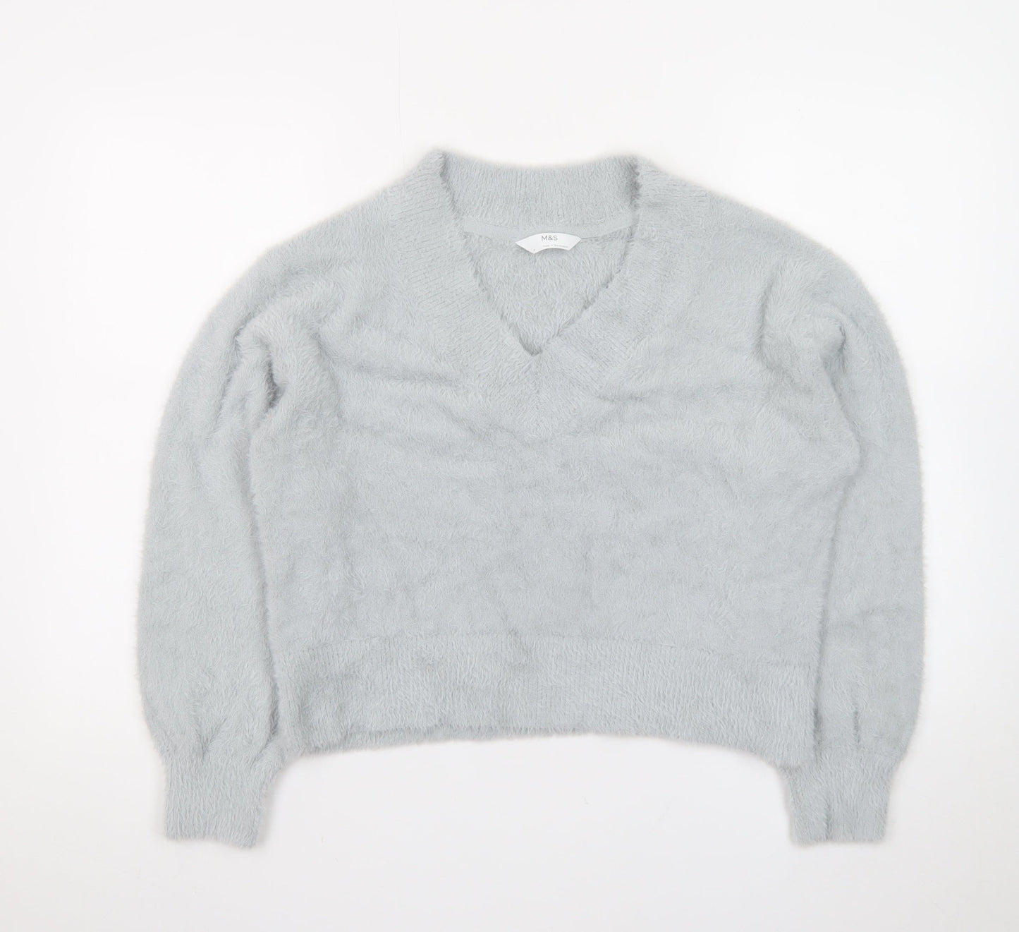 Marks and Spencer Women’s Grey V-Neck Fluffy Knit Pullover Jumper Size M
