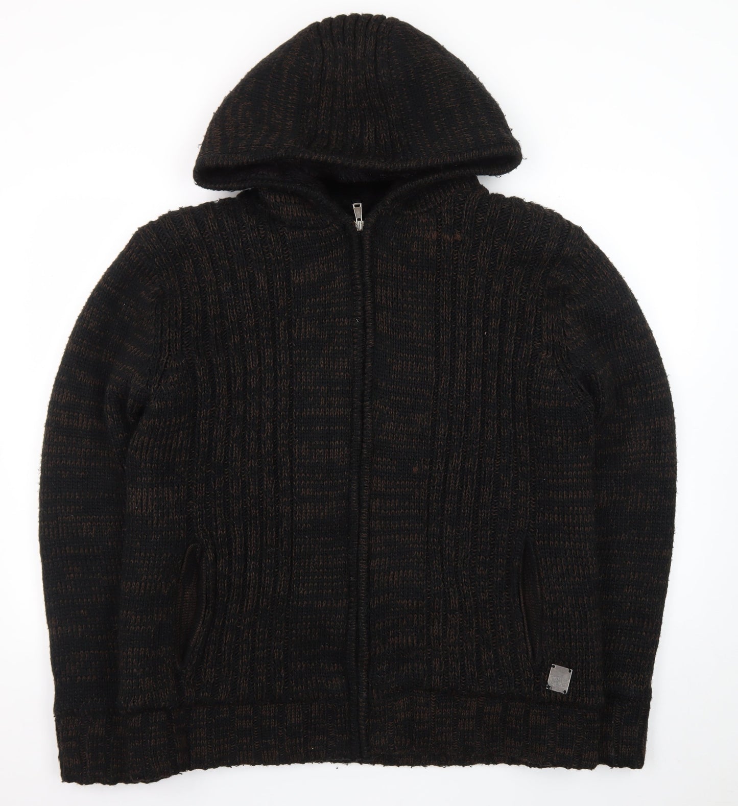 Cool Cat Men's Brown Full Zip Hooded Chunky Knit Jumper XXL