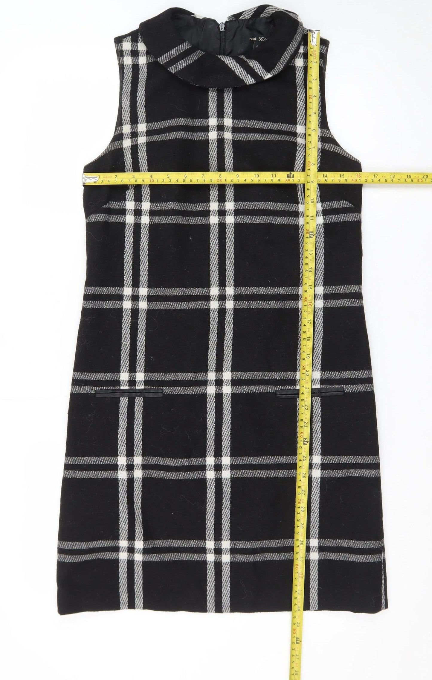 Next Women Black Check Wool Blend Sleeveless Shift Dress Size 8