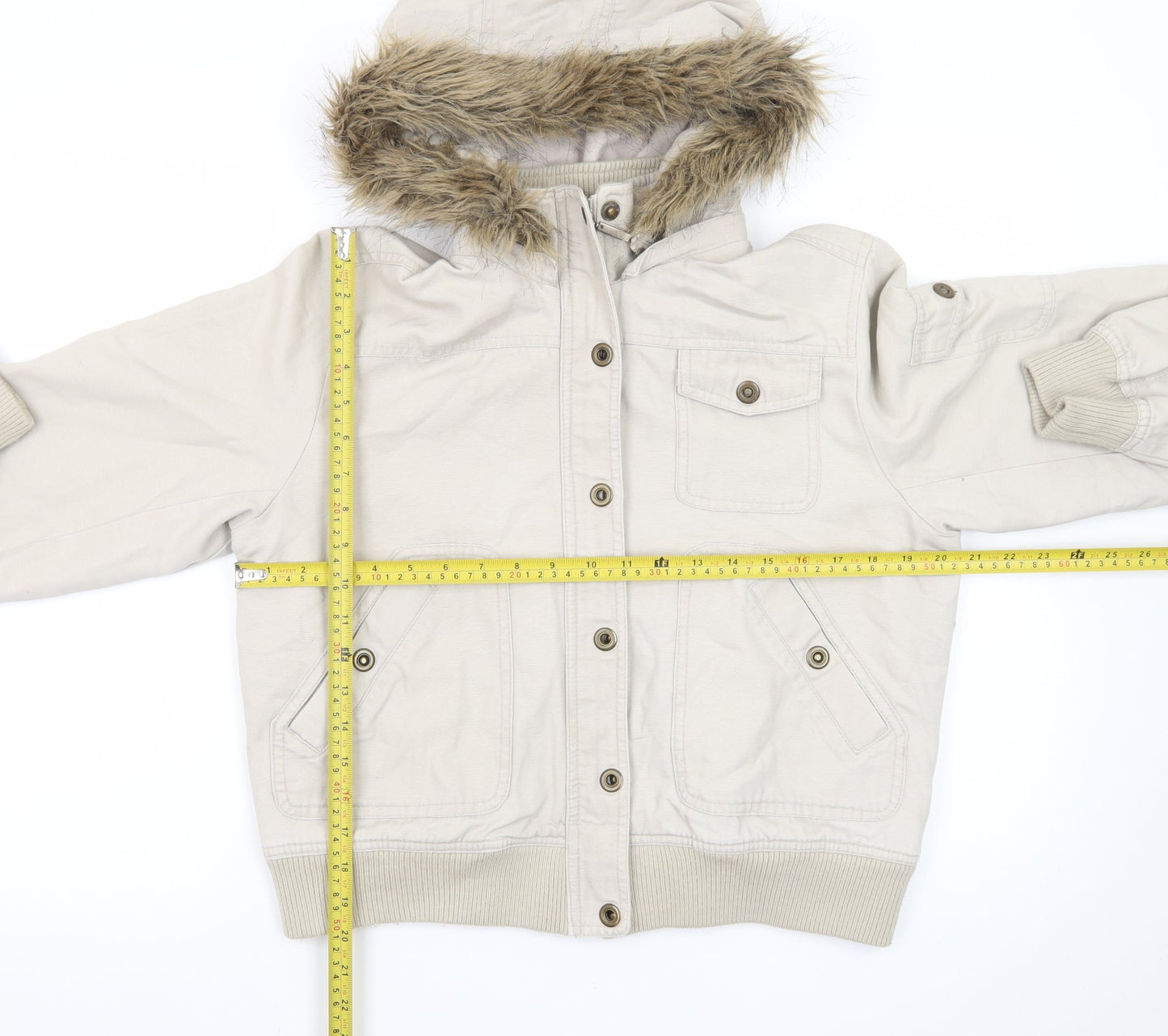 DNM Women's Beige Fur Trim Hooded Bomber Jacket Size 16