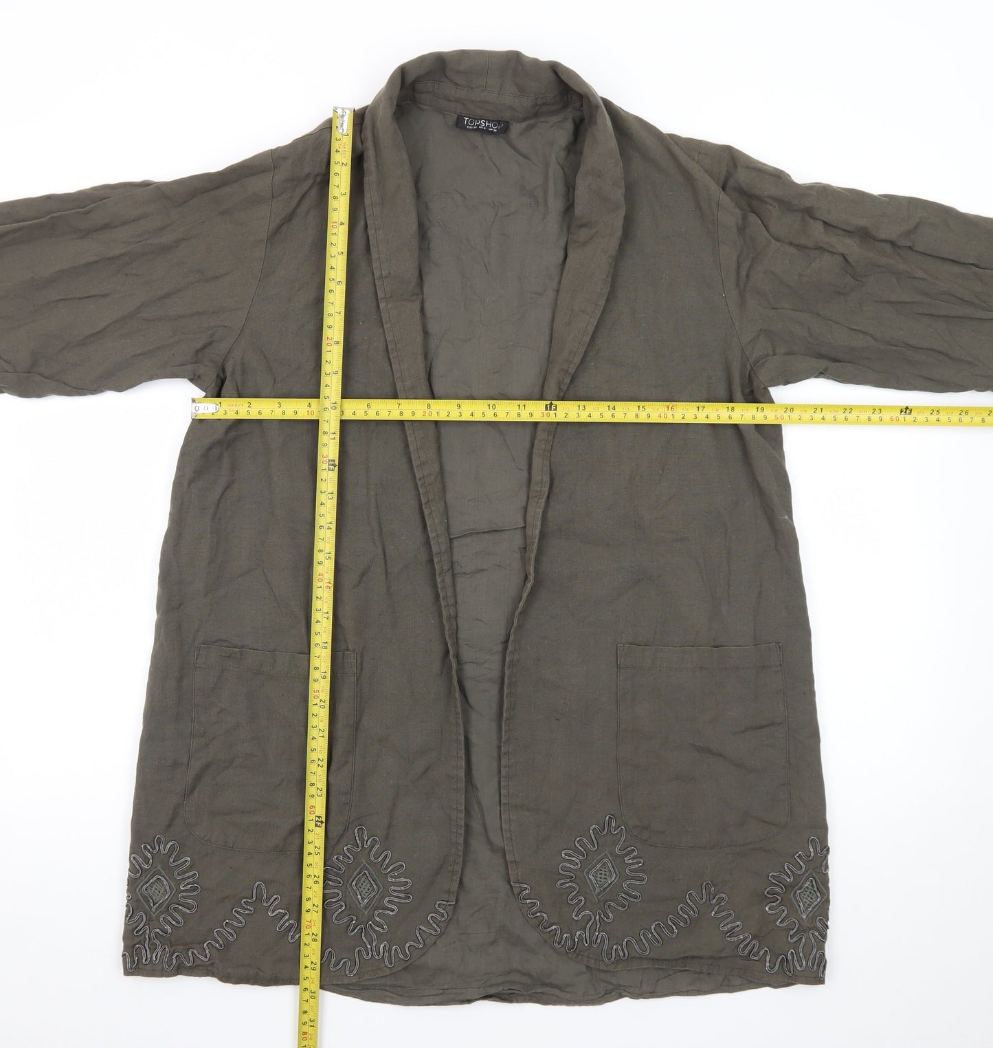 Topshop Women’s Green Linen Embroidered Kimono Jacket Size 10