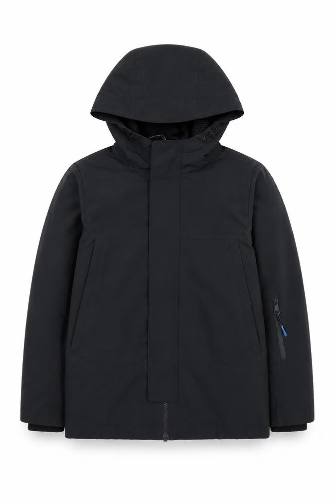 Front view of Marks & Spencer boys’ black waterproof hooded parka coat 7-8 years