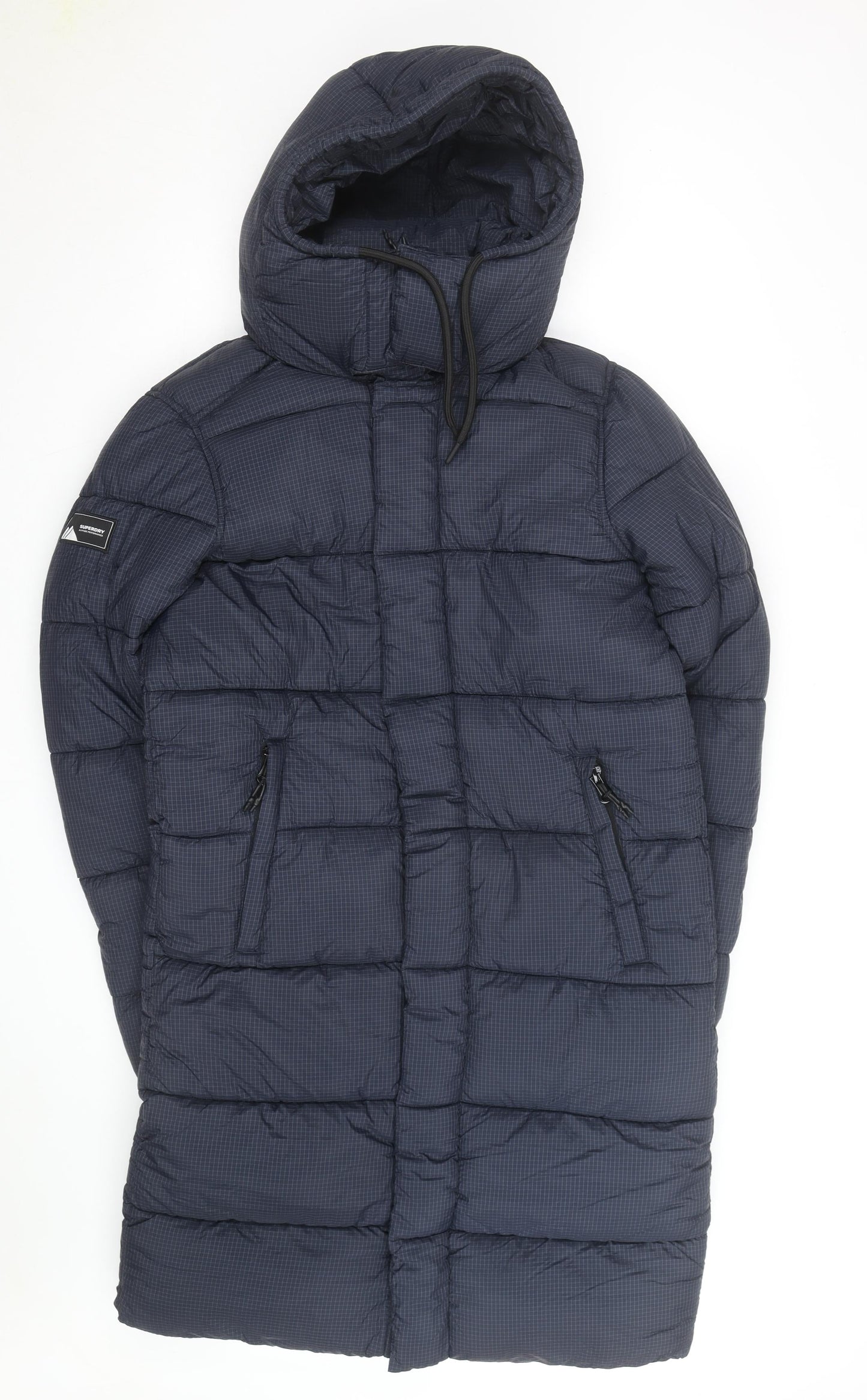 Superdry Men Blue Longline Puffer Coat Hooded Winter Jacket M