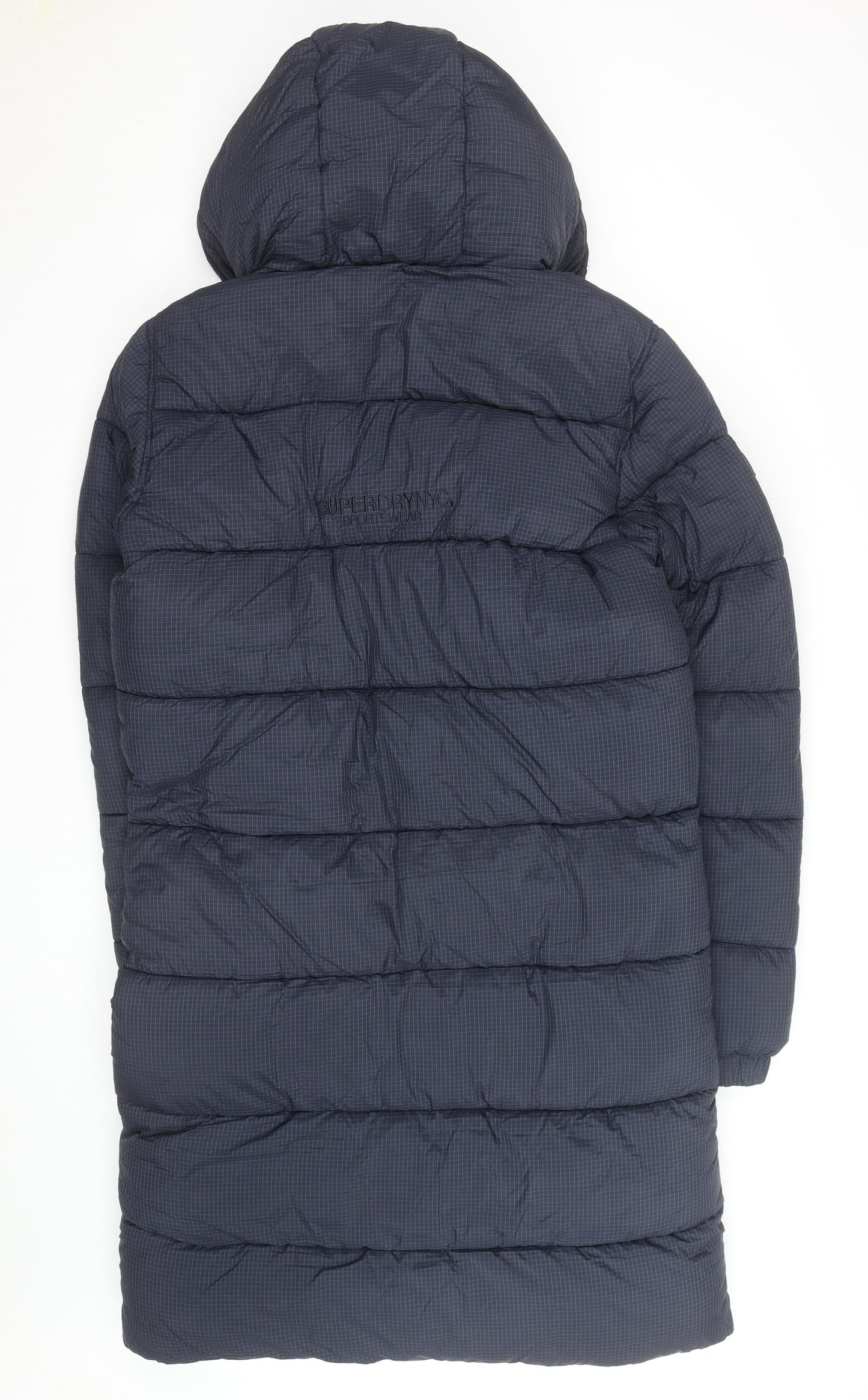 Superdry Men Blue Longline Puffer Coat Hooded Winter Jacket M