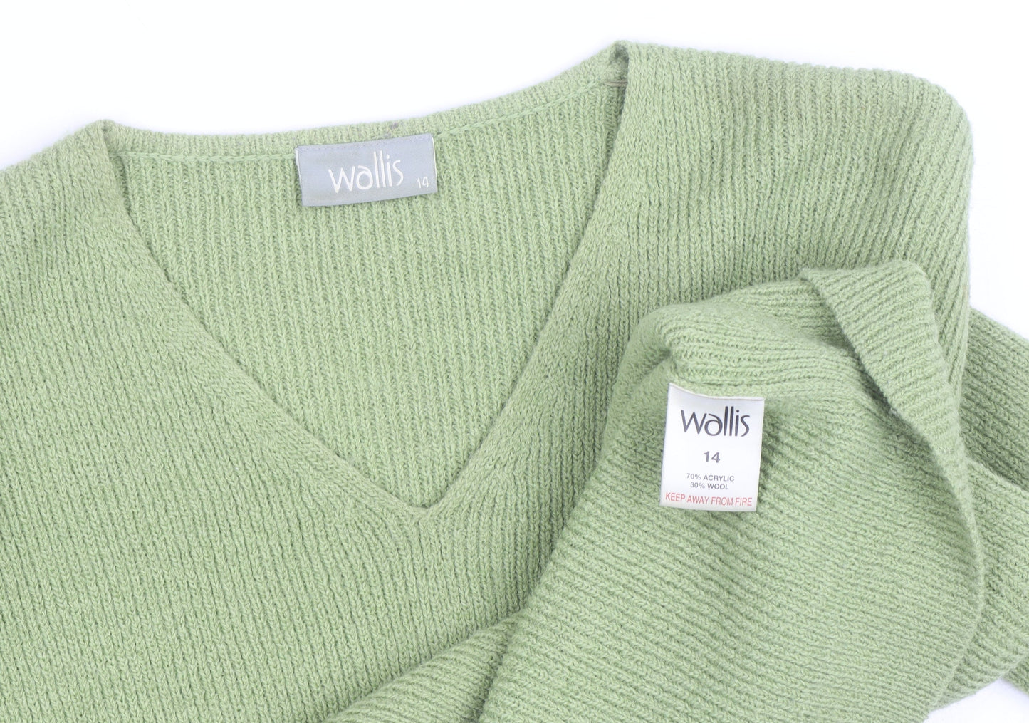 Wallis Women Green V-Neck Wool Blend Knit Jumper Size 14