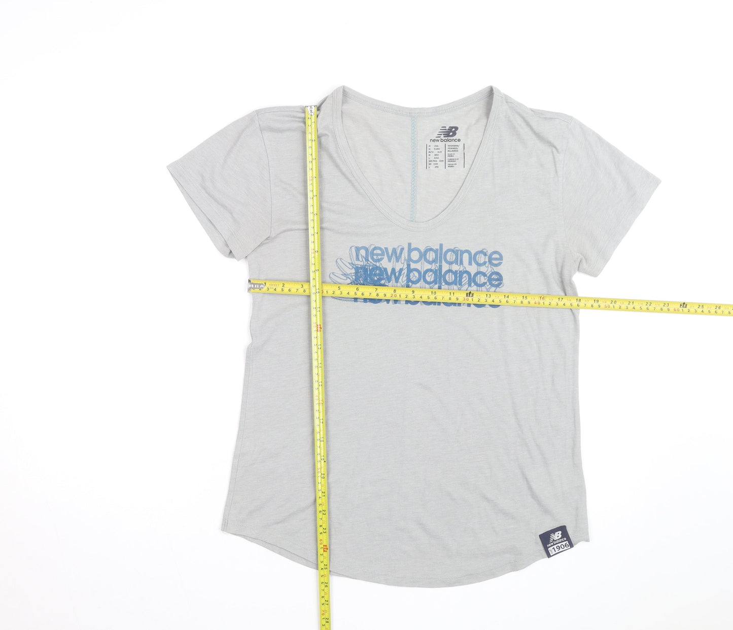 New Balance Womens Grey V-Neck Short Sleeve Cotton Blend T-Shirt Size 12