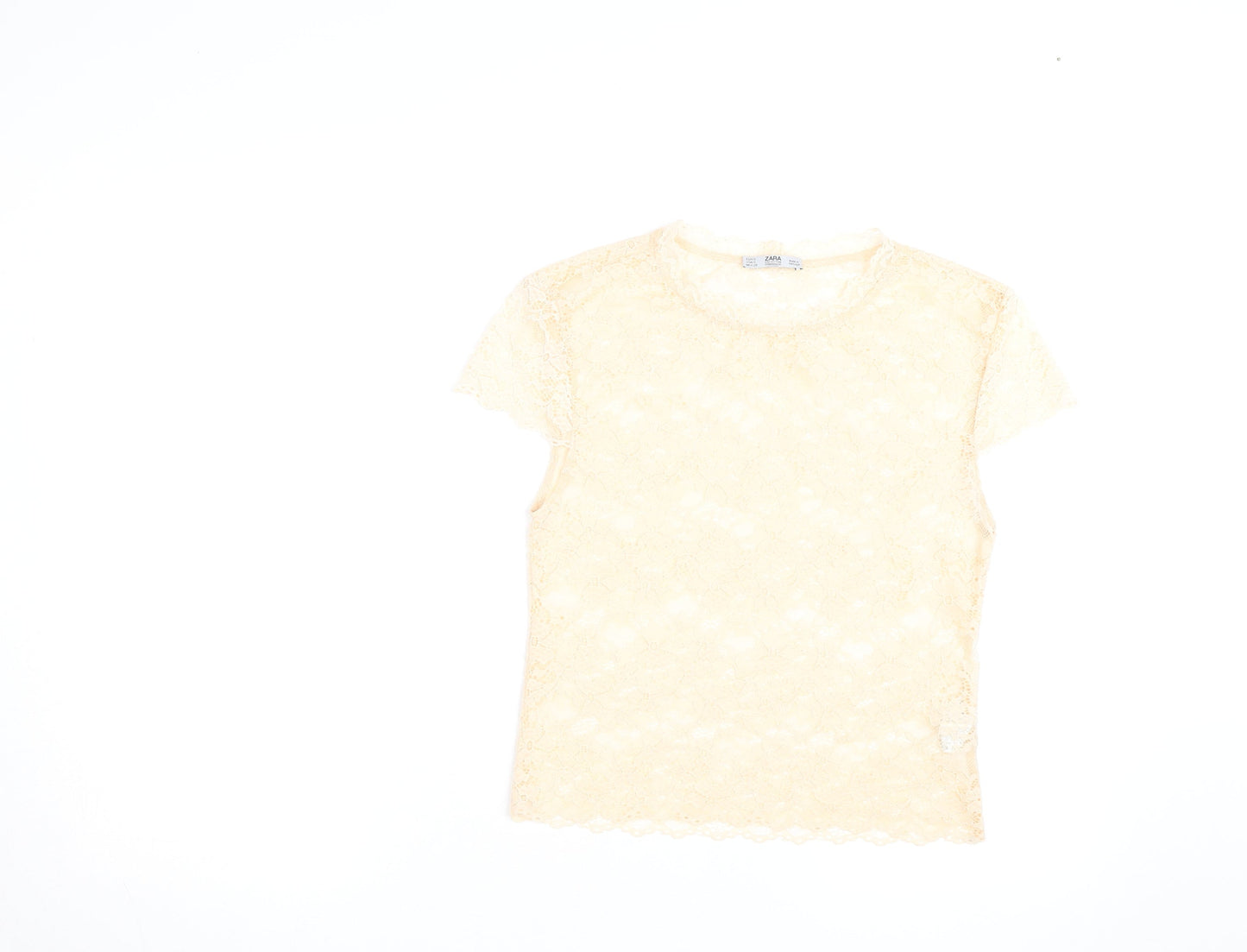 Zara Women Beige Lace Floral Short Sleeve Tunic Blouse Size S