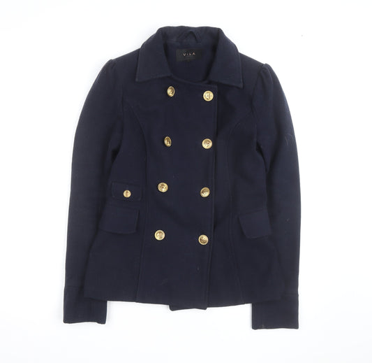 Vila Unisex Navy Blue Wool Blend Pea Coat Size S with Gold Buttons