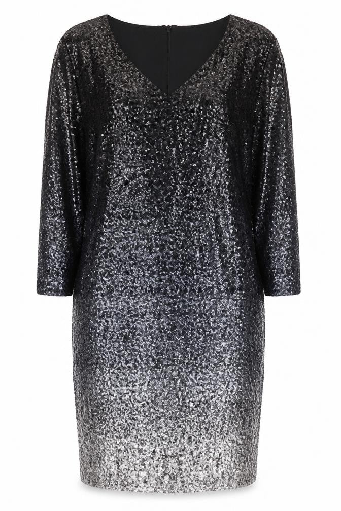 Monsoon Women’s Black Sequin Bodycon Dress Size 18 Long Sleeve V-Neck