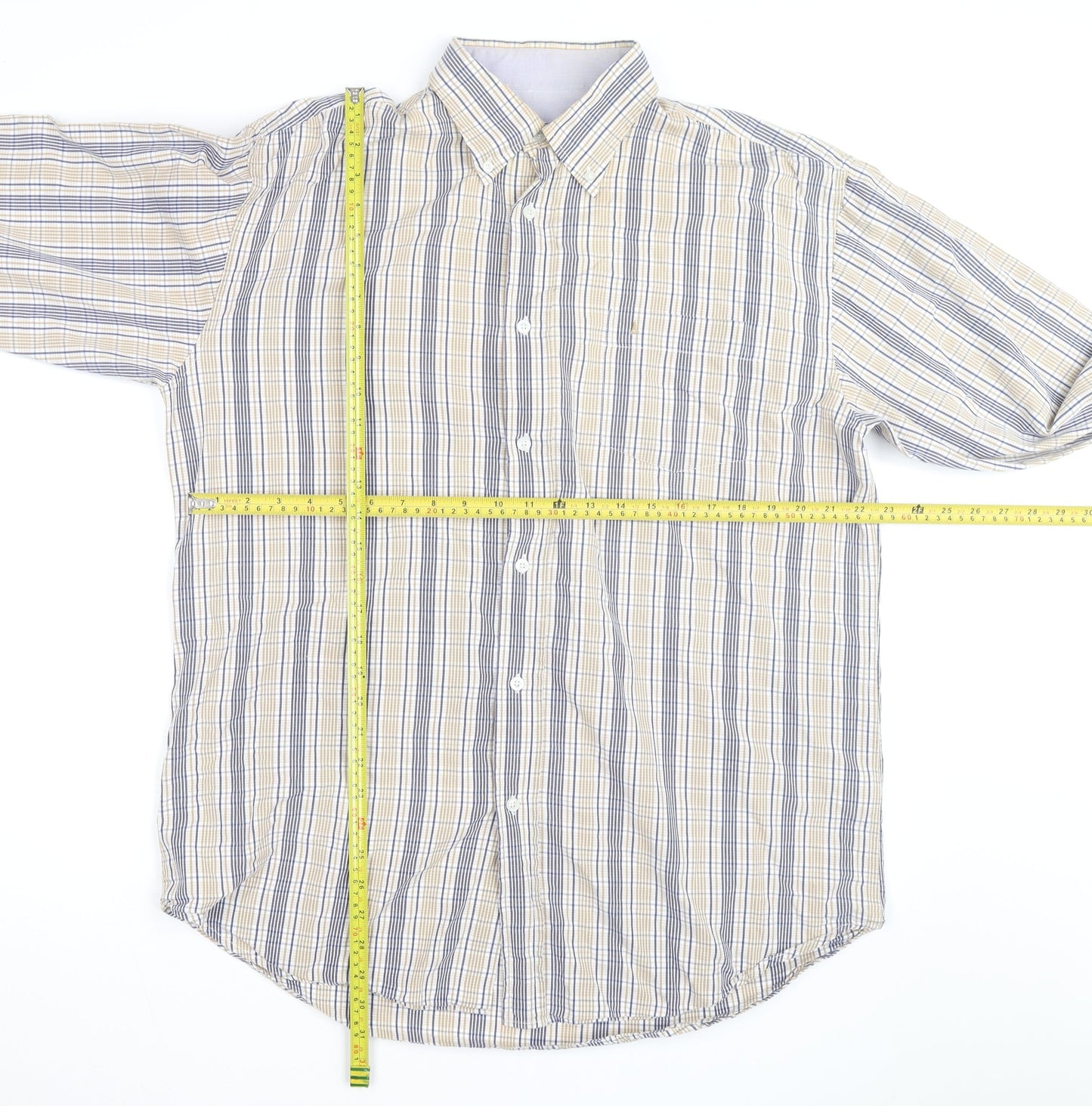 Dubarry Men's Beige Blue Check Button-Up Shirt XL Cotton Casual