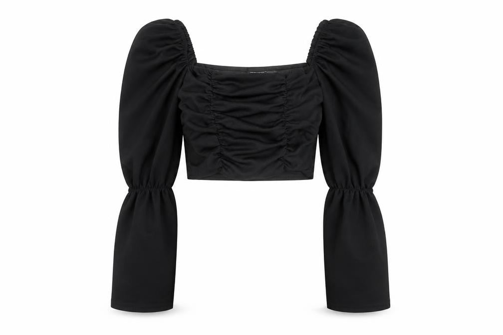 PRETTYLITTLETHING Women’s Black Cropped Ruched Puff Sleeve Blouse Size 8
