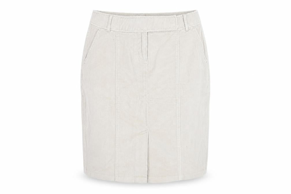 Front view of Evie Women Beige Corduroy Knee Length Straight Skirt, size 14