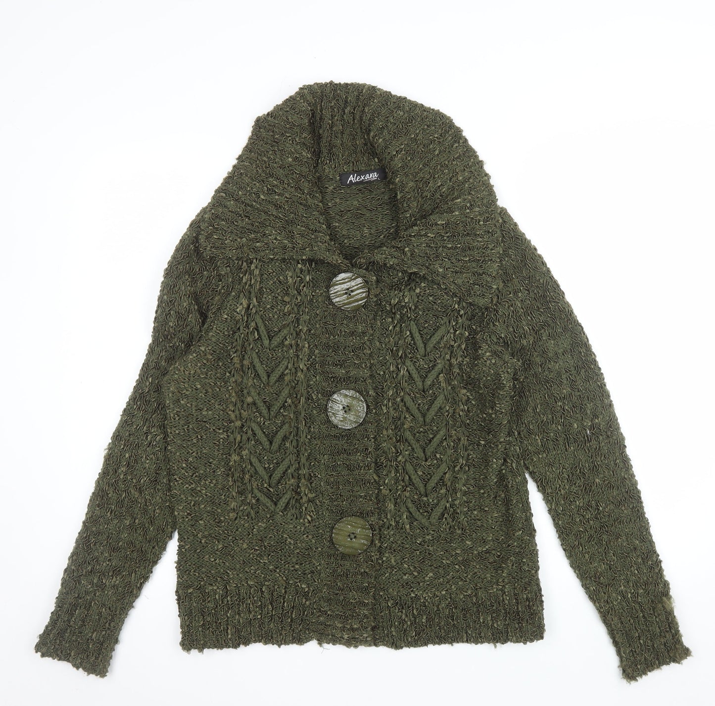 Alexara Womens Green Chunky Knit Cowl Neck Button Cardigan L