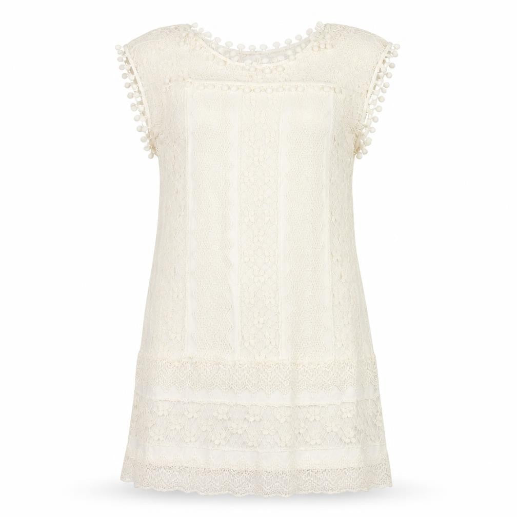 Zanzea Women's Ivory Lace Shift Dress Size 16 Bohemian Pom Pom Trim