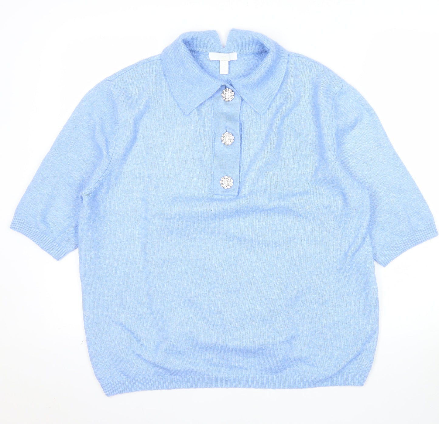 H&M Women Blue Collared Pullover Jumper S Beaded Buttons Soft Knit