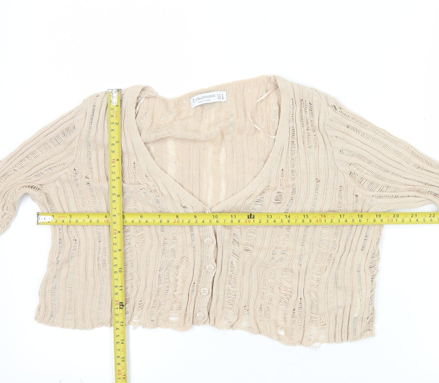 Stradivarius Women’s Beige Open-Knit Cardigan M V-Neck Button Front