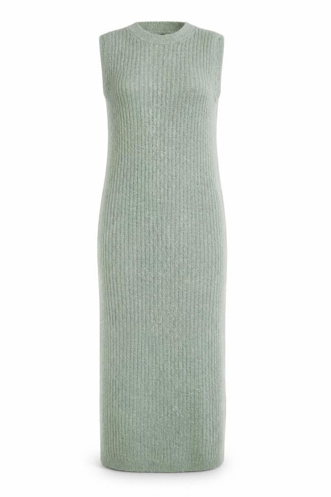 Front view of ASOS DESIGN Women’s Green Sleeveless Ribbed Knit Bodycon Midi Dress, size UK 12-14
