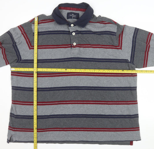 Marks and Spencer Blue Harbour Men's Grey Striped Long Sleeve Polo Shirt XXL Regular Fit Cotton