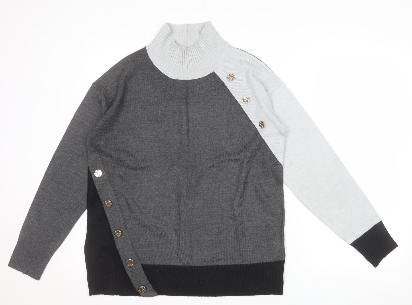 Next Women’s Grey Roll Neck Button Accent Long Sleeve Jumper Size S