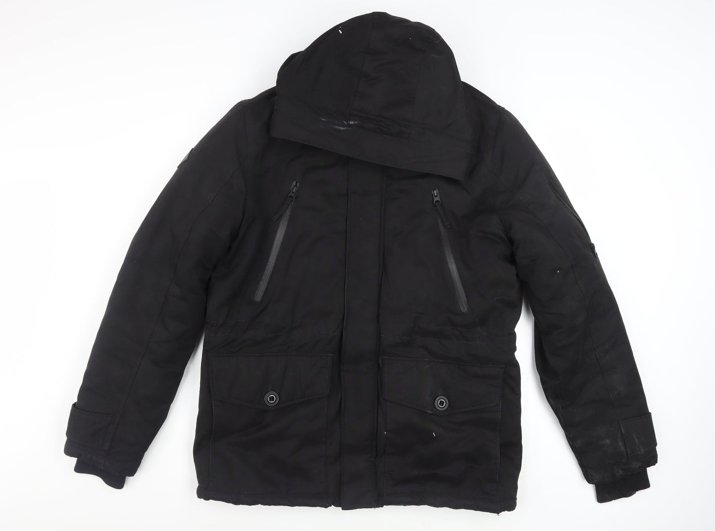 Next Men’s Black Hooded Parka Jacket Medium Water Resistant Cotton Blend