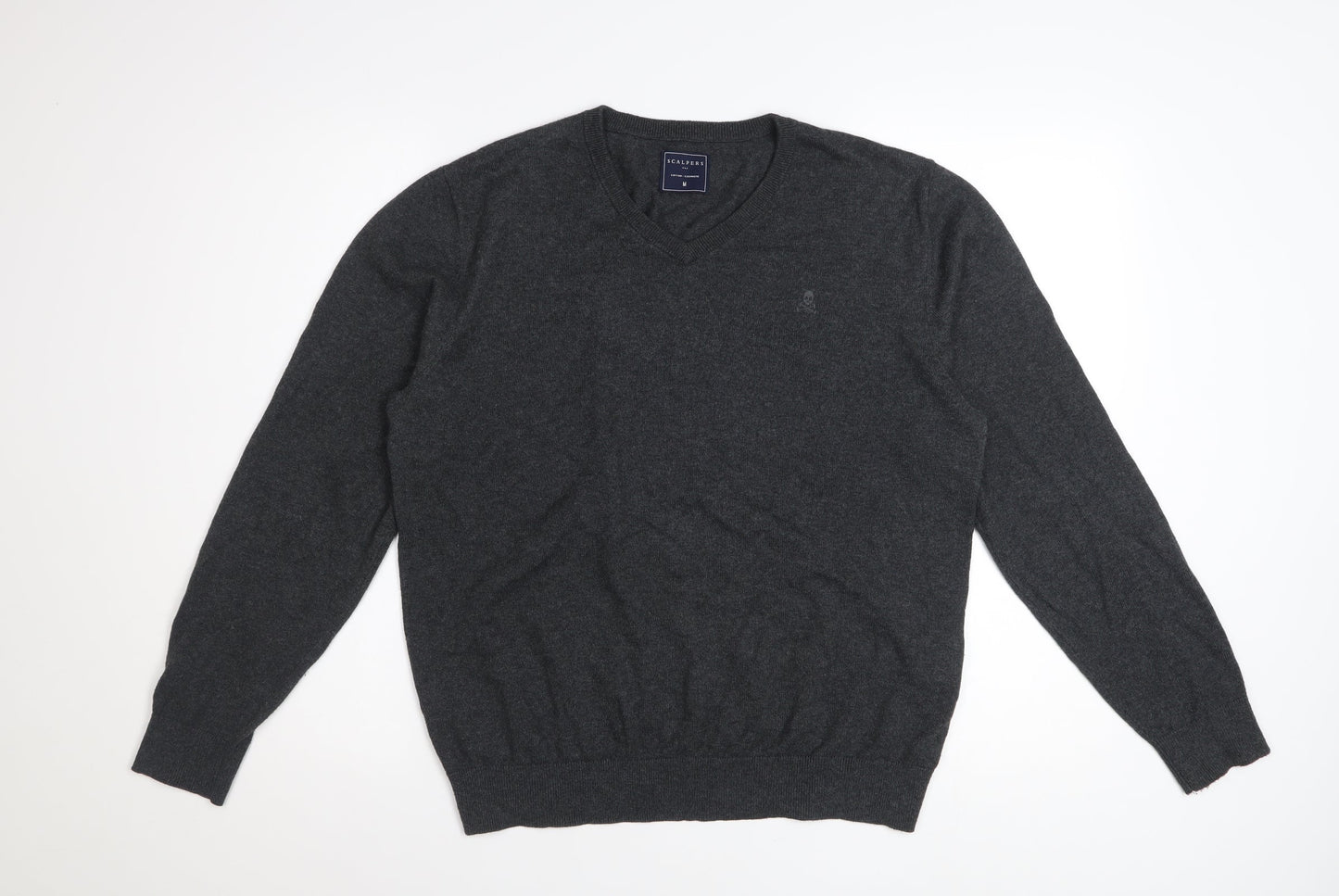 Scalpers Men's Grey V-Neck Cotton Cashmere Jumper Size M