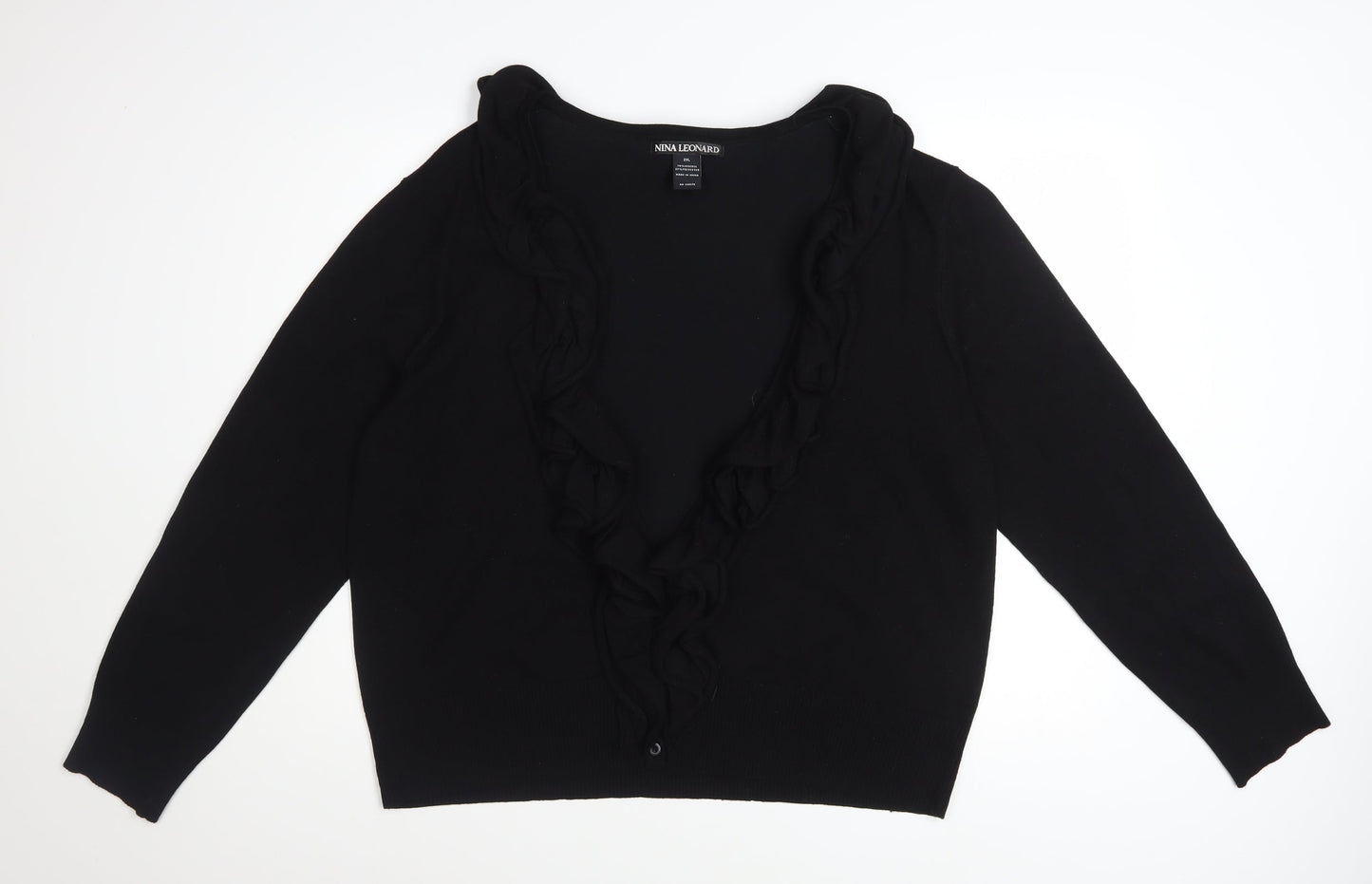Nina Leonard Women’s Black Ruffle Edge Knit Cardigan 2XL